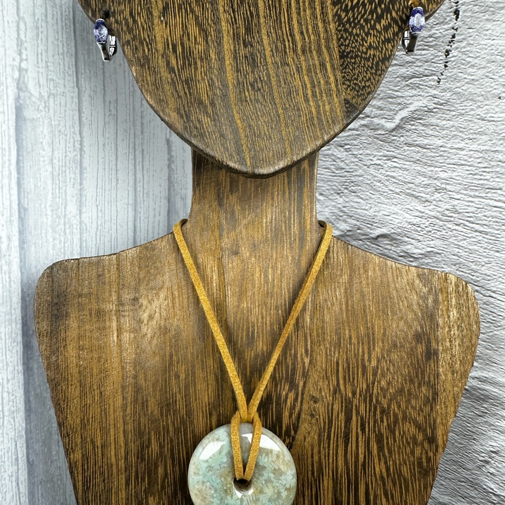 Green Coral Fossil Donut Pendant on Brown Faux Suede - Picture 8 of 11